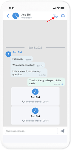 Audio and video call button on the participant chat screen