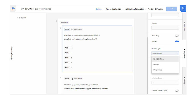 Display layout options for a Single Answer question