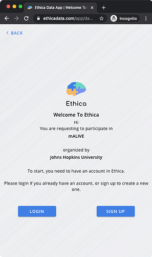 Custom sign-up and login page in Avicenna web-based app