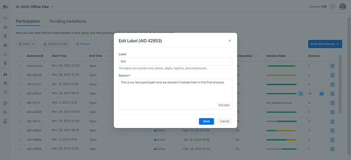 Edit participant's label with a reason