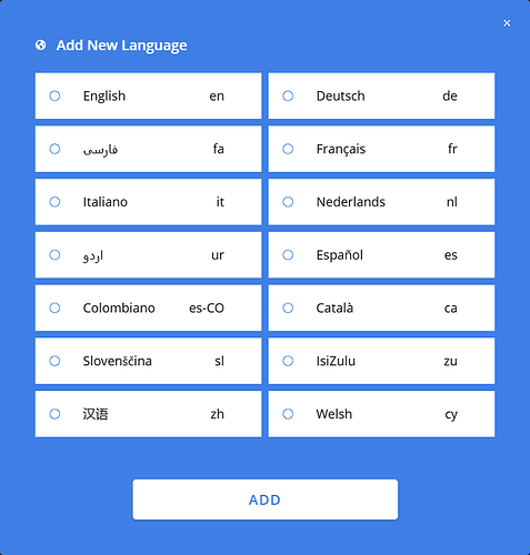 Dialog to add a new language to the study