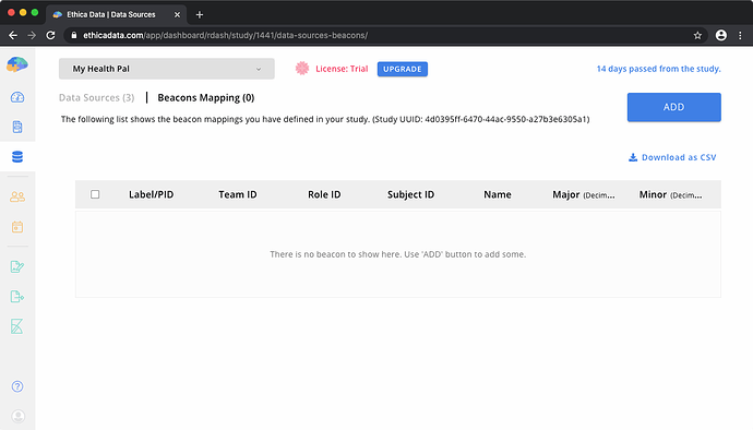 Beacon Mapping tab of Data Sources page in Avicenna Researcher Dashboard