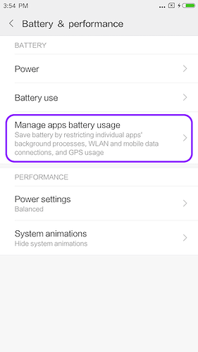 Manage Apps Battery Usage Screen