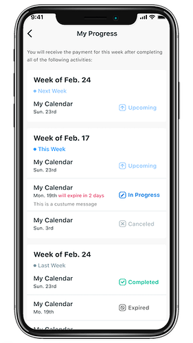 A history sample of activity sessions of a participant's dashboard.