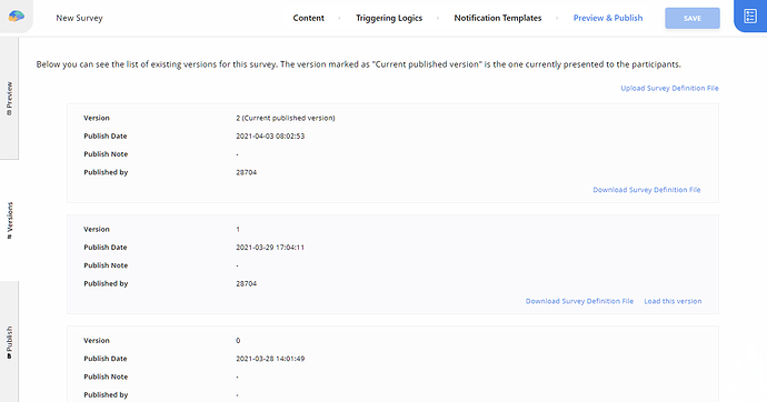 List of Survey Versions in the Survey Editor Preview & Publish section