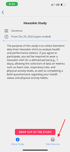 Study's Data Sources page in the Avicenna app