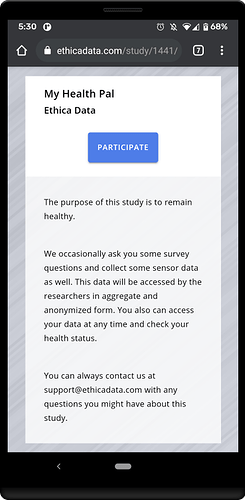 Avicenna web app study home page enrollment dialog in Android