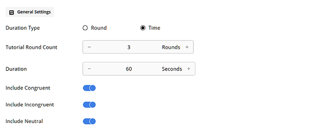 General Settings of the Stroop Activity Editor - Time Duration