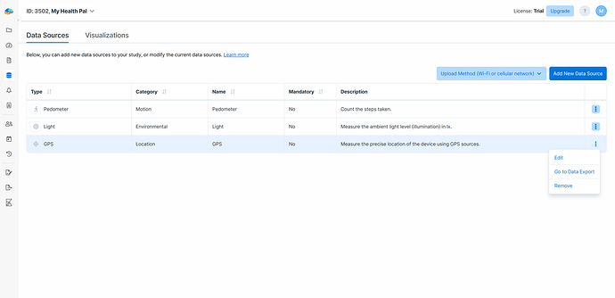 Menu options for a data source