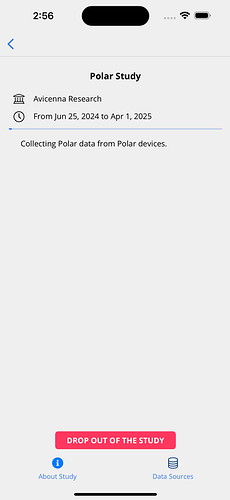 Study's Data Sources page in the Avicenna app