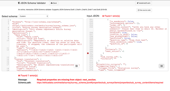 Validate Survey Definition File content using JSON validation tools