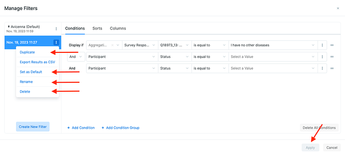 Modifying filters in Manage Filters dialog