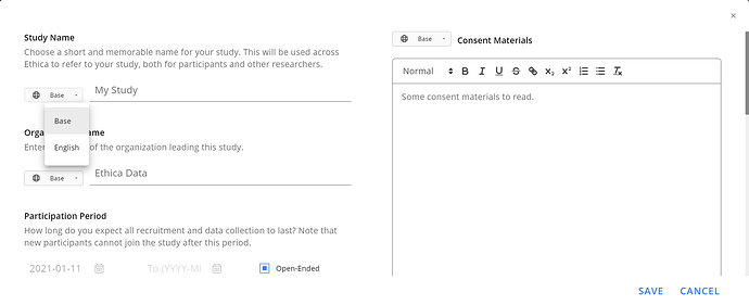Language selector on Edit Study Basics dialog