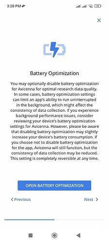 Avicenna instructs participants to disable Battery Optimization