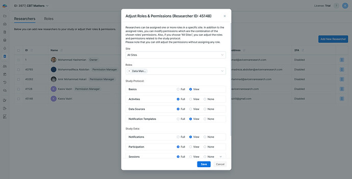 Adjusting Researcher Permissions