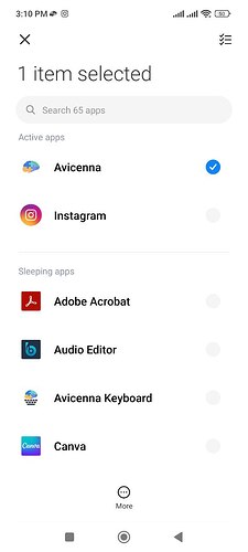 Battery optimization screen - Select Avicenna
