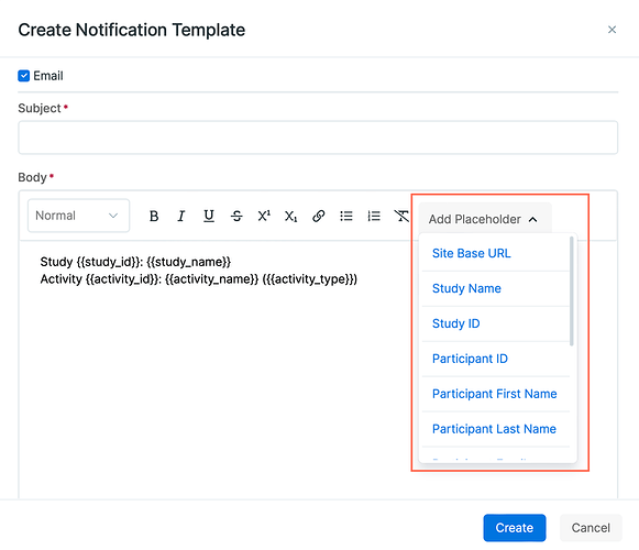 Adding placeholder to content of your notification template