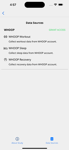 Granting access to WHOOP on the Data Sources page