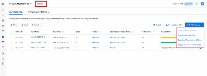 Invite participants options on the Participation page