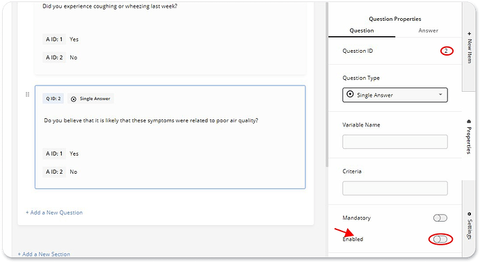 Disabling questions from Question Properties