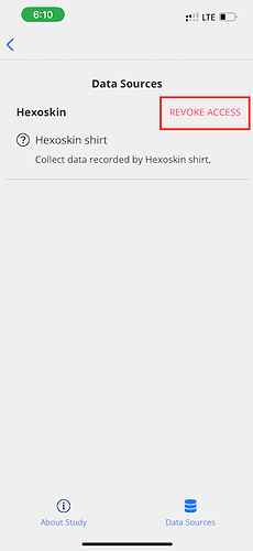 Revoking access to Hexoskin on the Data Sources page