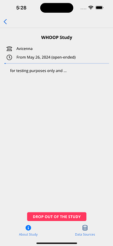 Study's Data Sources page in the Avicenna app