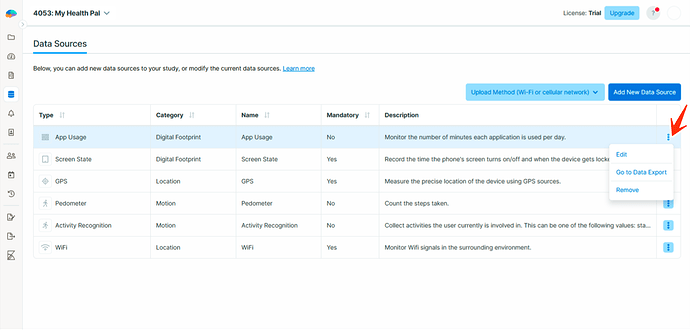 Data sources menue