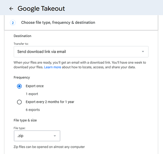 Google Takeout - Choose file type and size