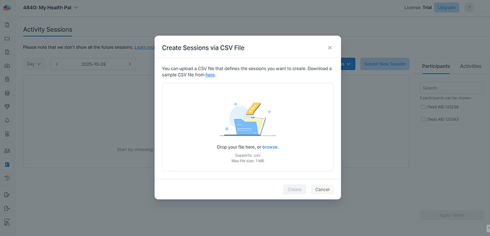 Uploading the sessions CSV
