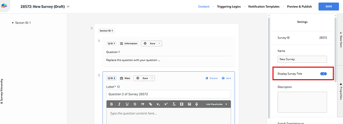 Survey Title l toggle in the survey editor
