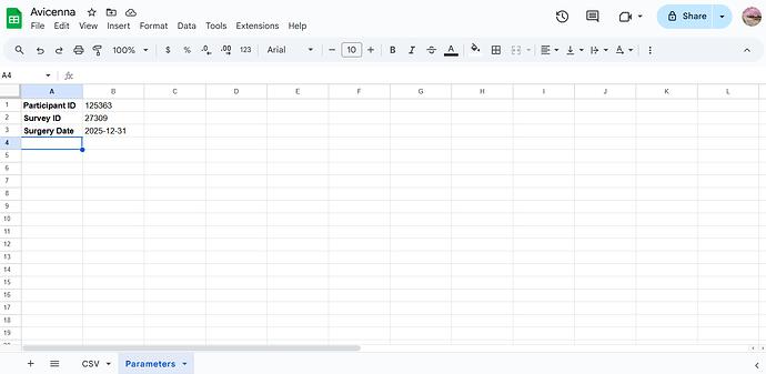 Parameters sheet for sessions CSV