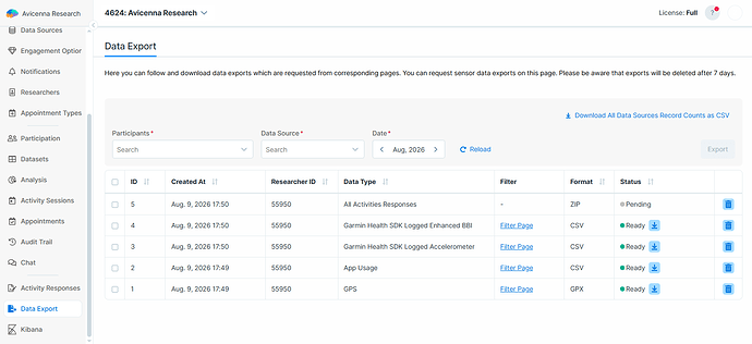 Data Export Page