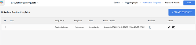 A "Session Released" notification template linked to the activity in the editor.