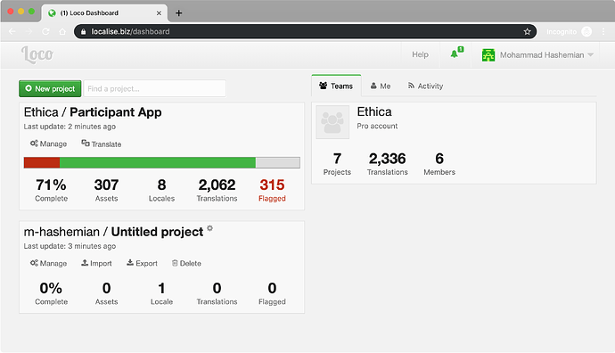 Loco Dashboard with Projects Listed