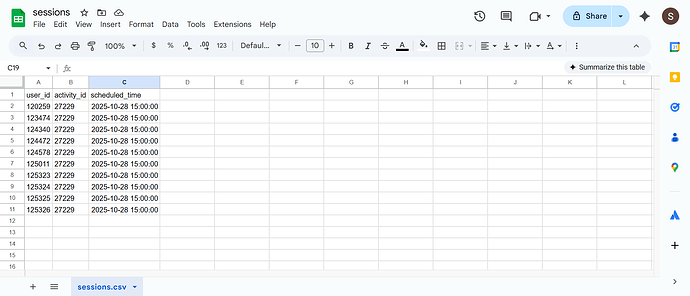 Making a CSV file with the needed information to create sessions