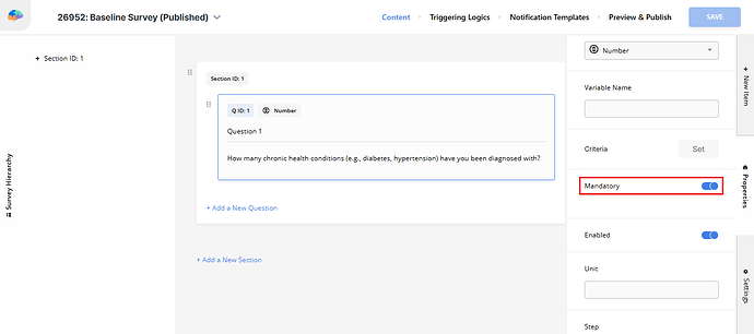 Making a number question mandatory in the baseline survey
