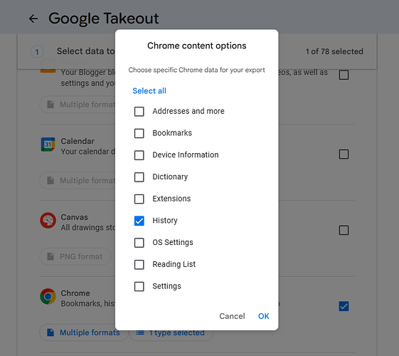 Google Takeout - Select History data