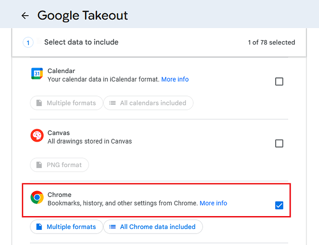 Google Takeout - Select Chrome