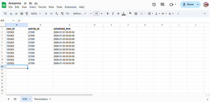 Populated Google sheet for sessions CSV