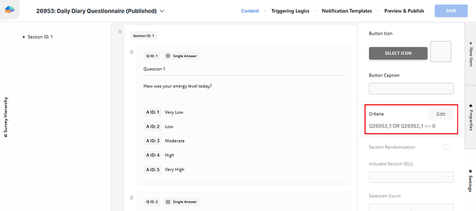 Adding criteria to the Daily Diary Questionnaire