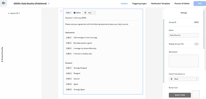 Configuring a Matrix question in the survey editor