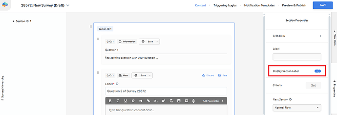 Section Label toggle in the survey editor