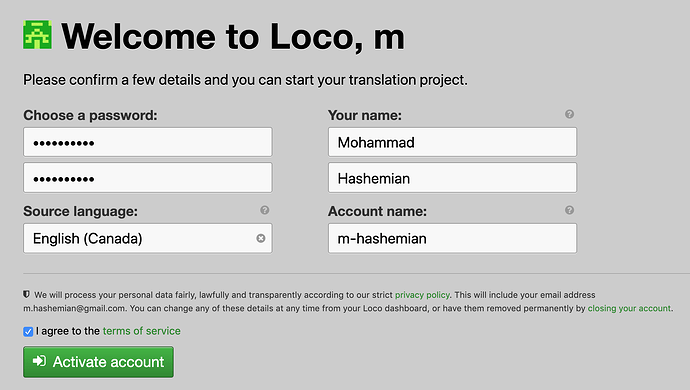 Registration Form on Loco