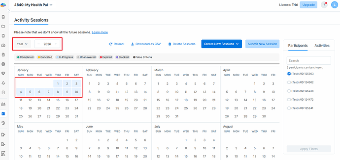 Activity Sessions' year view with the created sessions