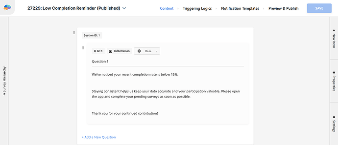 Creating a survey with one information question