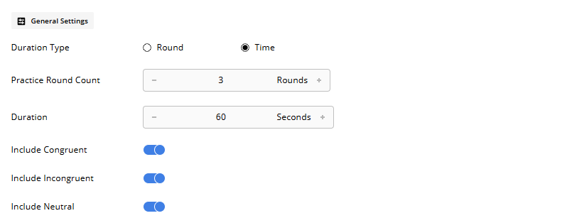 General Settings of the Stroop activity editor - time duration