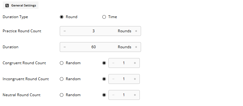 General Settings of the Stroop activity editor - round duration