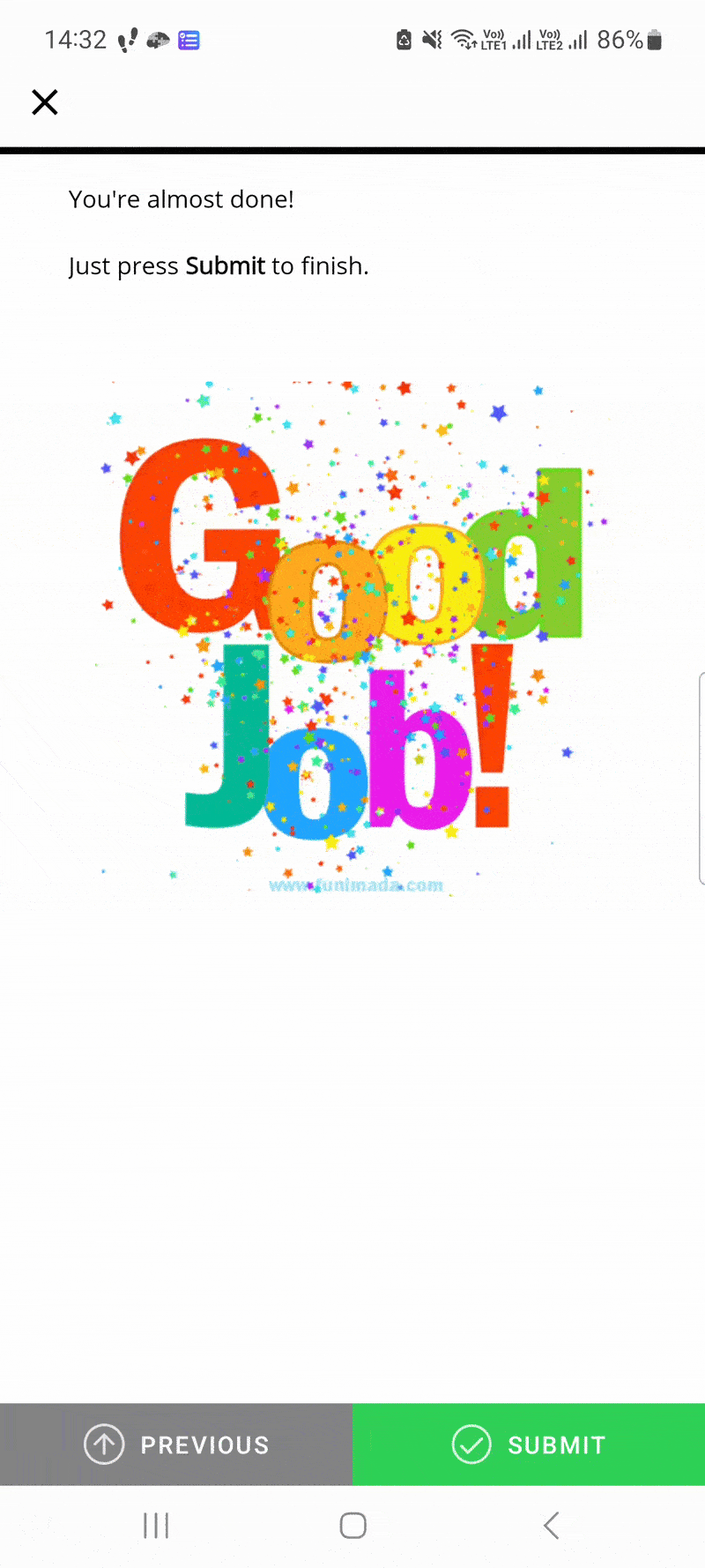 An animated "Good Job!" GIF used as a thank you message in a survey